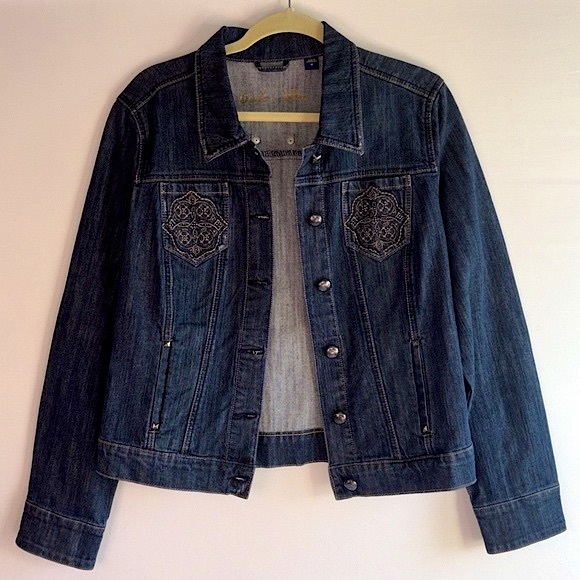 Code Bleu Women’s Med Embroidered Dark Wash Denim Button-Up Jean Jacket - Picture 14 of 14